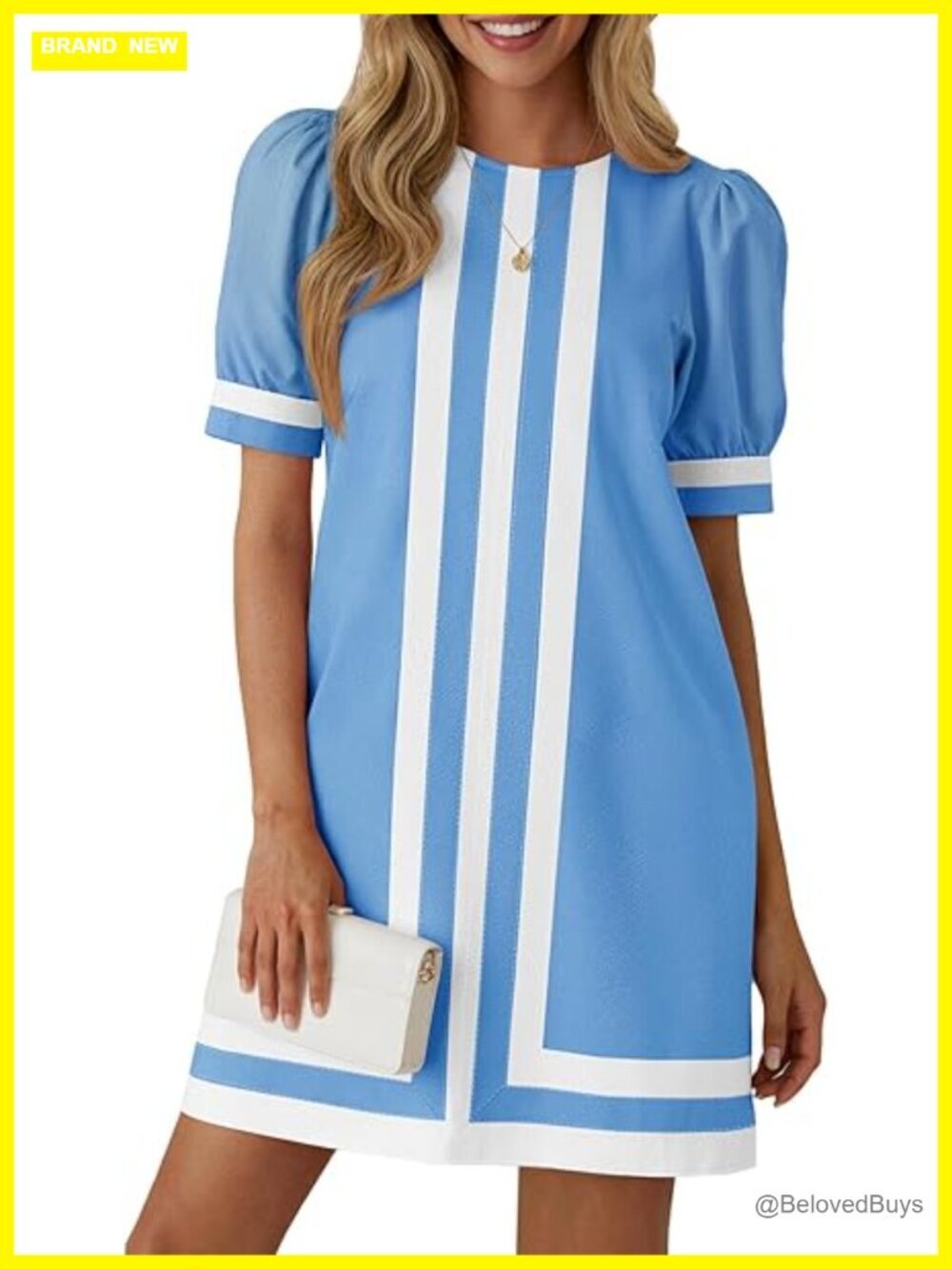Puff Short Sleeve Mini Dress Crewneck Striped Color Block Loose Shift Dress